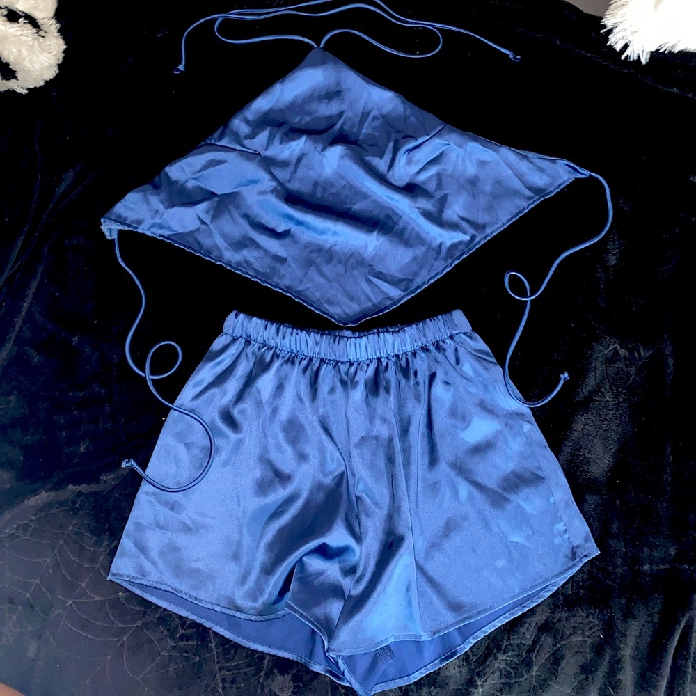 Satin navy blue shorts and tied tank set from Fashion Nova.